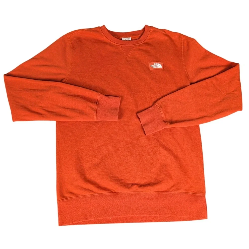 The North Face Mens Heritage Crewneck Sweatshirt Orange Fleece Logo Patch S